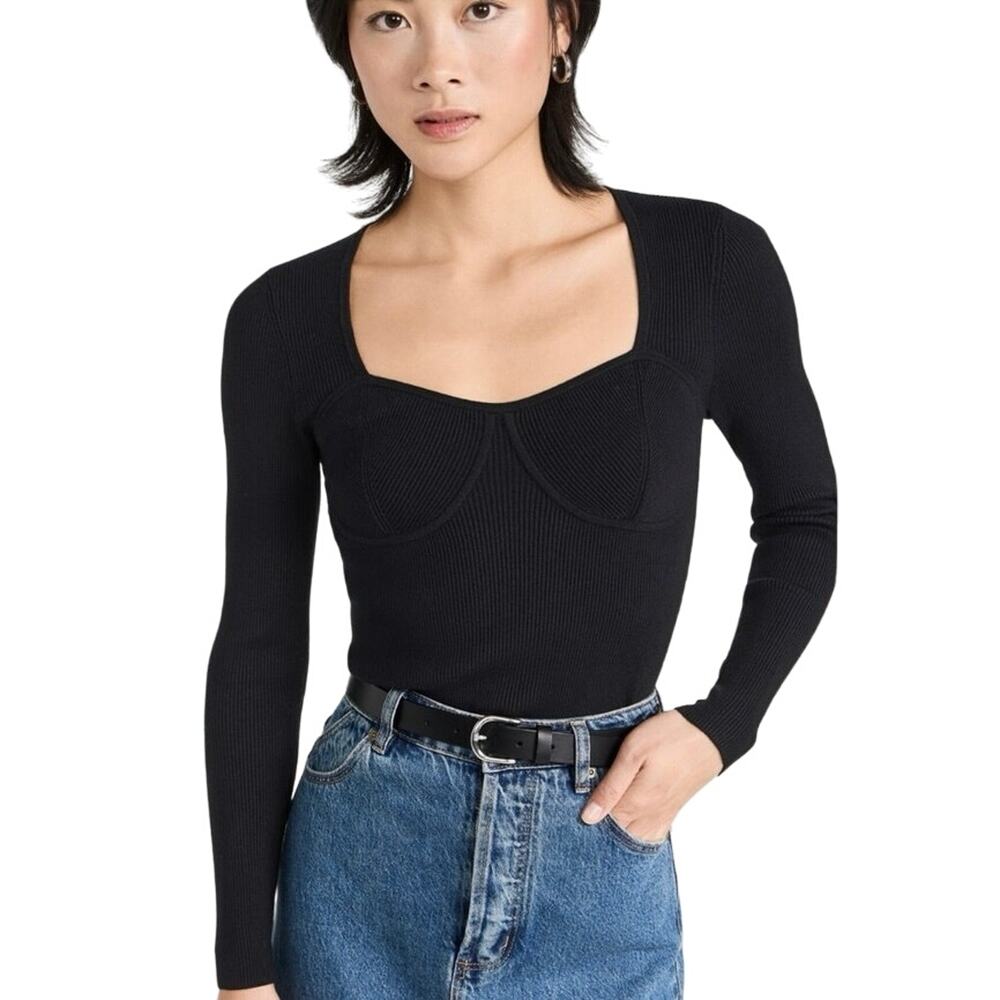 Madewell Wide Rib Sweater Top Black Long Sleeve Sweetheart Neckline Small Ribbed